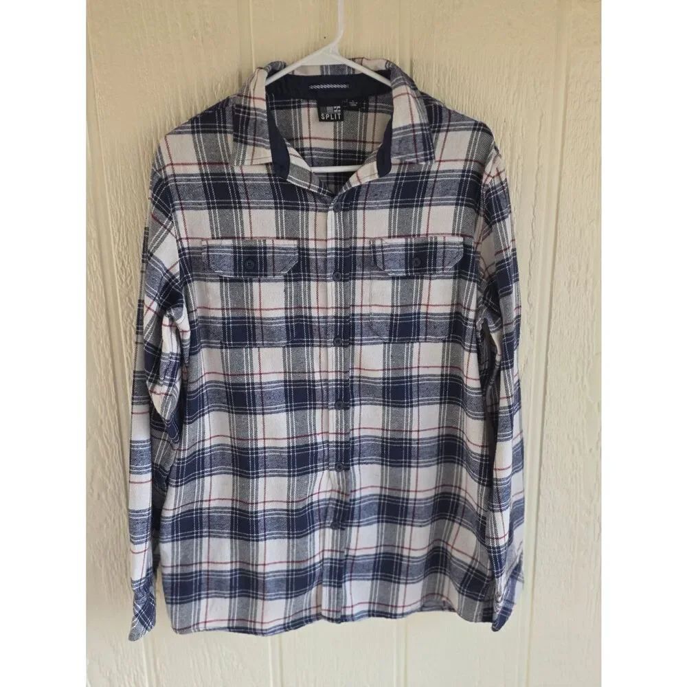 Men's Split Plaid Button-Down Shirt, Size Large